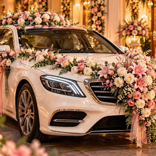 Premium Wedding Car Decoration with Fresh Flowers & Ribbons