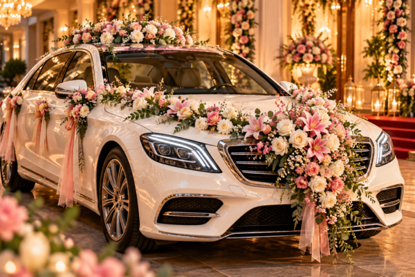 Premium Wedding Car Decoration with Fresh Flowers & Ribbons